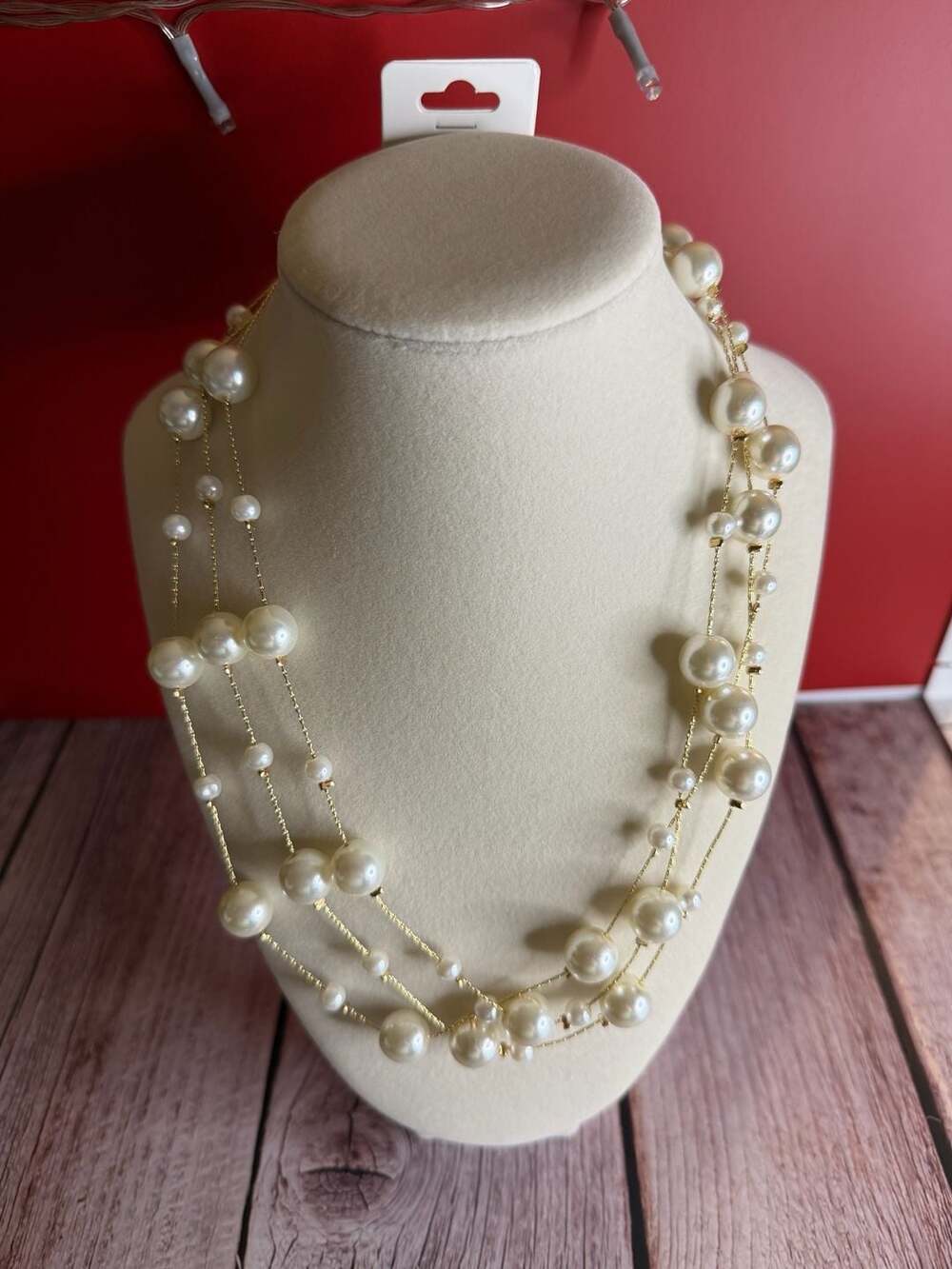 3-Strand Graduated Faux Pearl Floating Necklace in Gold Tone